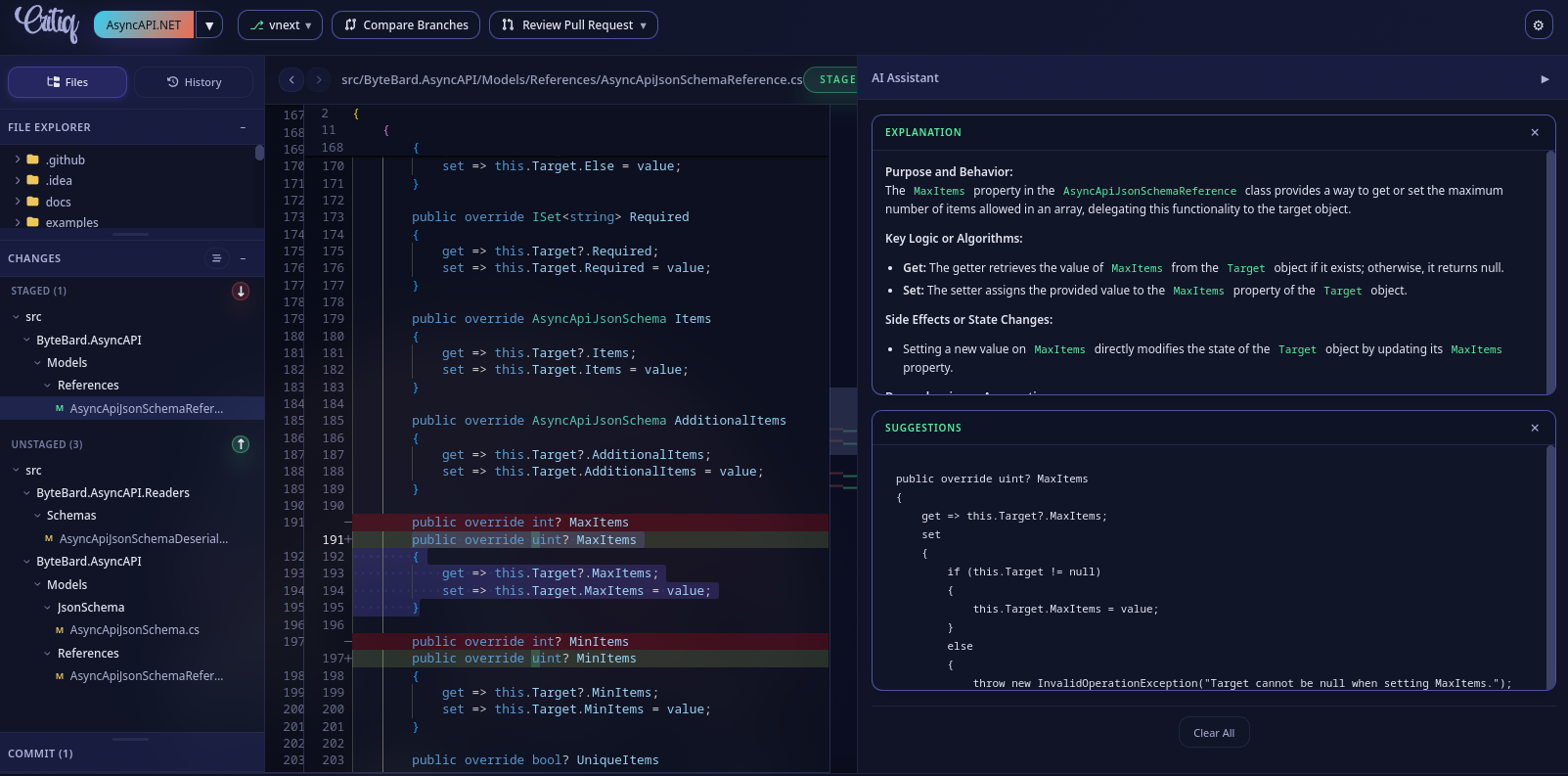 AI assistant explaining code and suggesting improvements