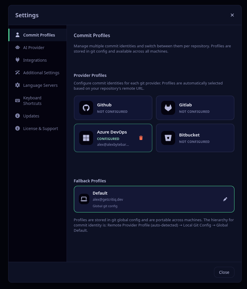 Commit profiles showing provider-based profiles with automatic selection