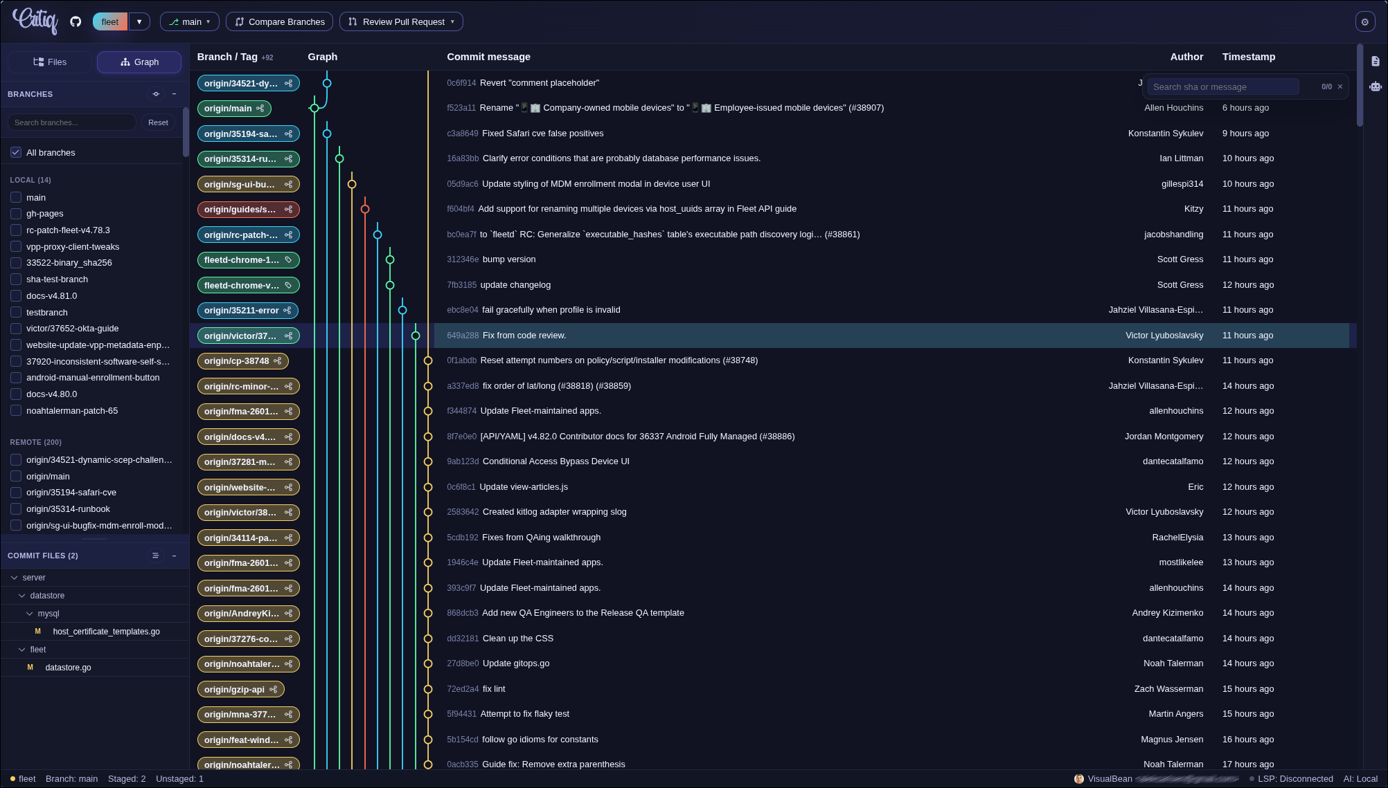 Git log with commit graph and file changes