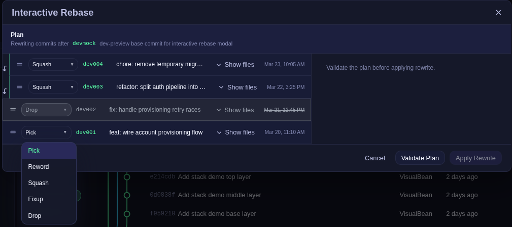 Interactive Rebase modal in Critiq with commit plan actions
