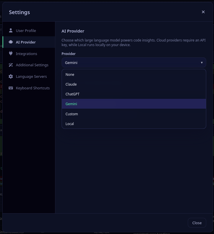 LLM settings showing provider options