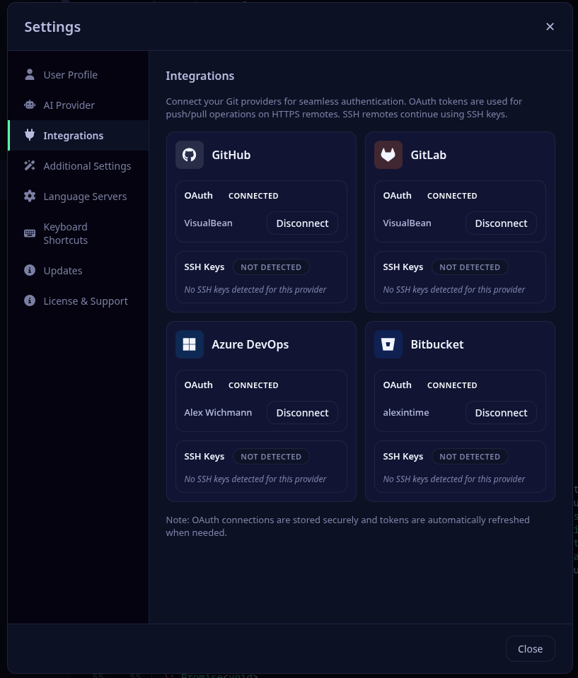 Critiq OAuth providers showing GitHub, GitLab, BitBucket and Azure Devops connections