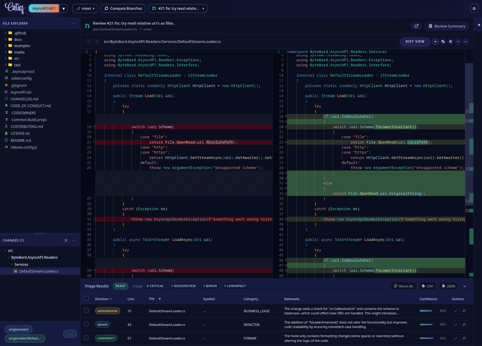 Pull request split diff view with inline comments