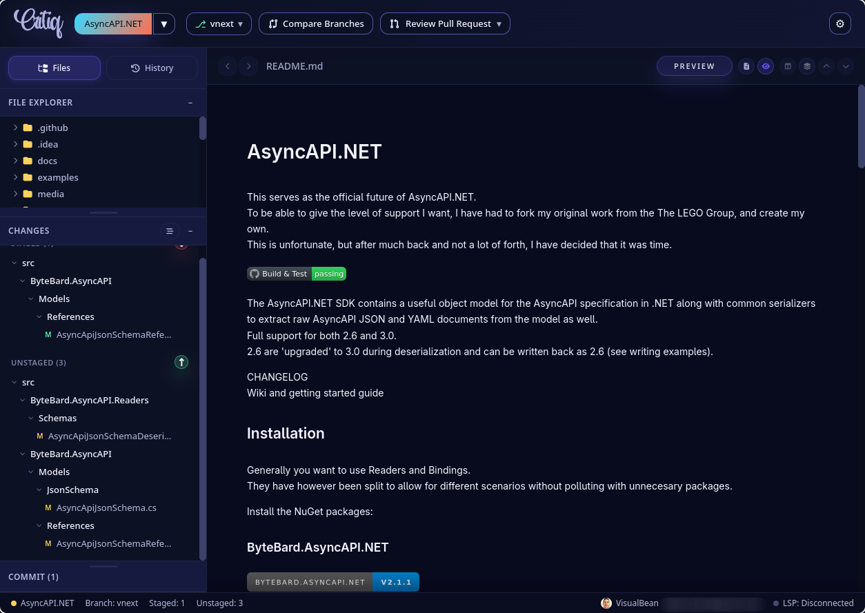 Rendered markdown view with README preview and sidebar file tree