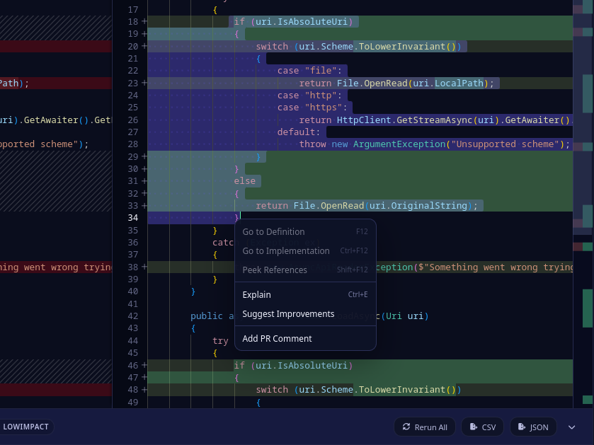 Diff right-click menu showing AI explain and improve options