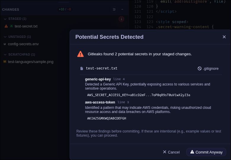 Secret scanning warning with detected findings before commit