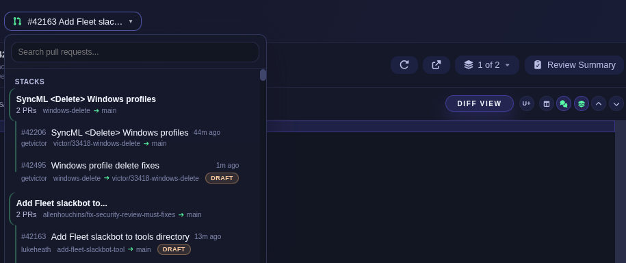 Stacked PRs grouped in the PR dropdown with visual connectors