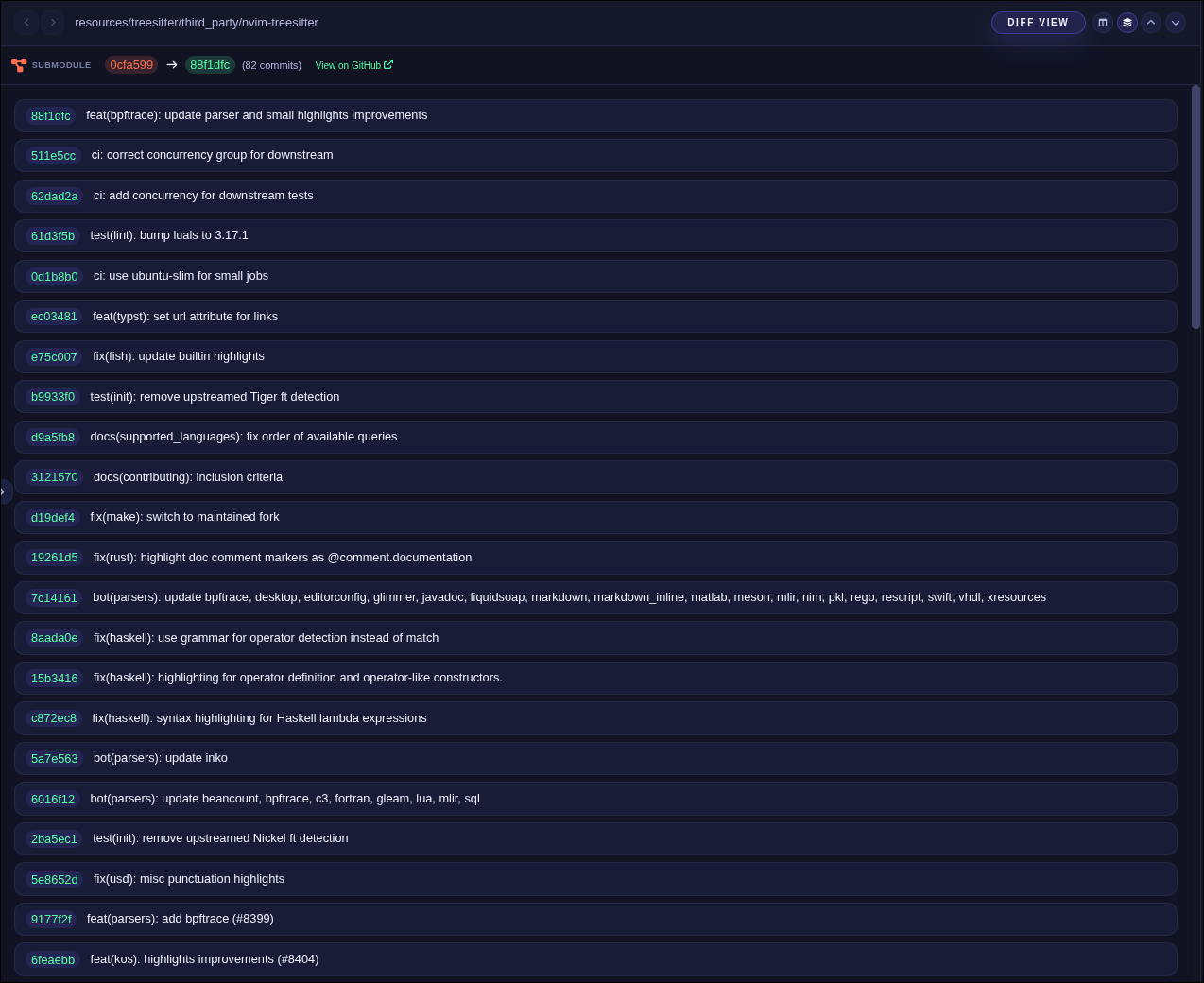 Submodule updates shown with orange S status and commit list