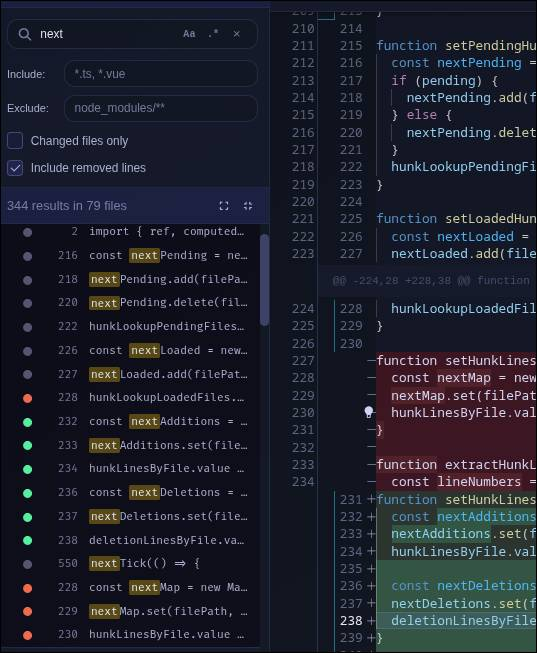 File tree text search panel with hunk indicators in results